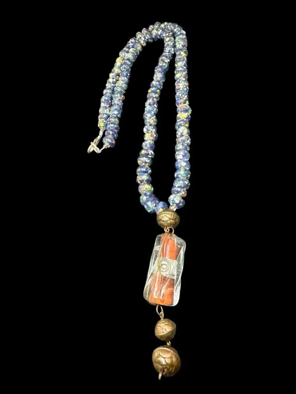 Vintage Venetian Murano Blue Art Glass Floral Wedding Cake Beads Necklace 32”